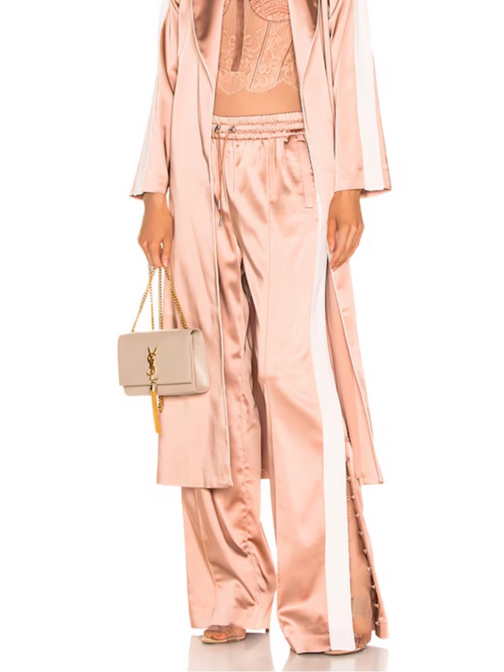 JONATHAN SIMKHAI NWT Crepe Satin Combo Track Pant in pink sand/ nude